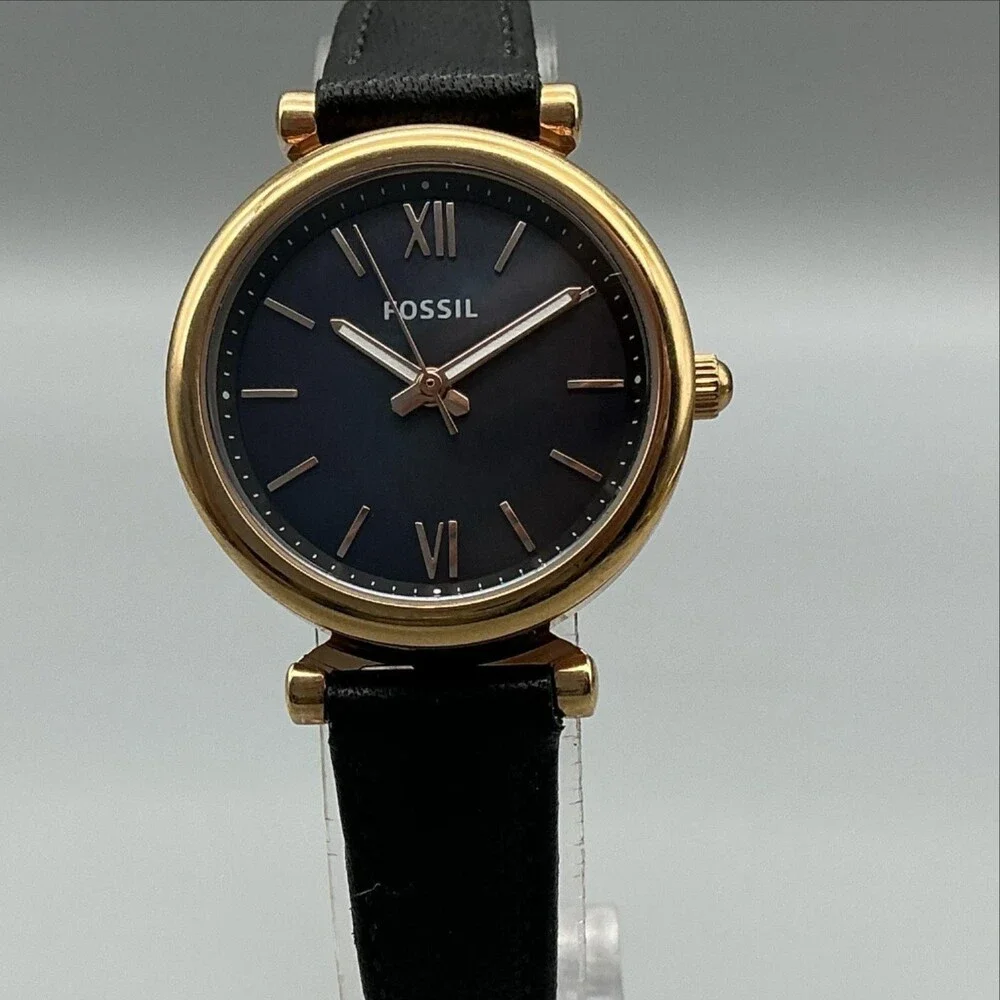 Fossil Carlie Womens Watch 28mm Black Dial Gold Tone Leather ES4700 New Battery